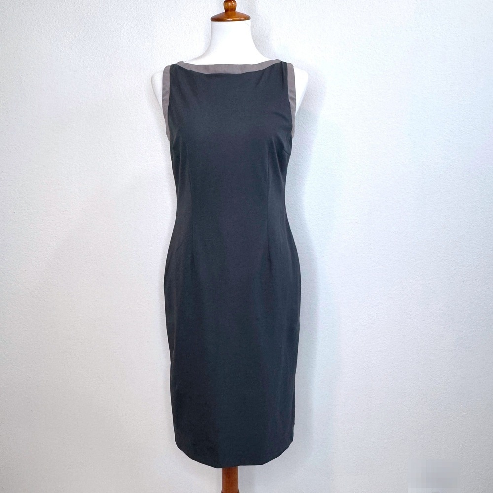 PESERICO Midi Shift Sleeveless Dress US 6 (42) Gray w. Taupe Trim Career‎ Wear